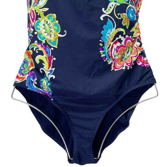 NWT Anne Cole Paisley Pom Lace-Up One Piece Swimsuit Navy Blue Multi Size 14 - Picture 7 of 16